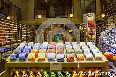 Milan, Italy - May 03, 2017: The shop with colorful italian ties Editorial Stock Photo