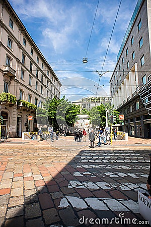 Milan. Via Alessandro Manzoni Street in Milan. Sunny Day. Montenapoleone Metro Station Editorial Stock Photo