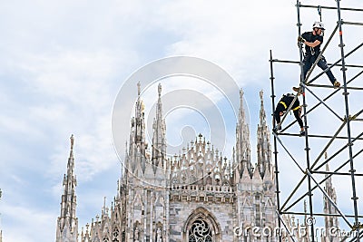 Milan. Workers Assemble a Steel Structure in Front of Milan Cathedral. Italy Editorial Stock Photo