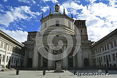 Milan, Italy, October 2021: Bronze statue of Constantine the Great standing in front of Basilica of San Lorenzo. Editorial Stock Photo