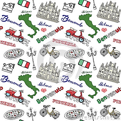 Milan Italy seamless pattern with Hand drawn sketch elements Duomo cathedral, flag, map, pizza, transport and traditional food. Dr Vector Illustration