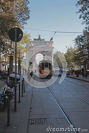 Milan, Italy- Sep 28, 2018: Corso Sempione Street and tram Editorial Stock Photo