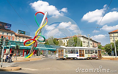 Milan, Italy, Needle, Thread and Knot multicolored artwork on square Editorial Stock Photo