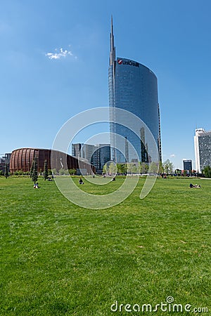 MILAN, ITALY, 05/06/2019: vertical photo of the Unicredit Tower and the Unicredit Pavillion in Gae Aulenti square in Milan, Editorial Stock Photo