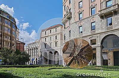 Milan, Italy - 04.10.2020 - Disc of Arnaldo Pomodoro in Meda square Editorial Stock Photo