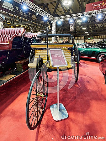 Milan, Lombardy Italy - November 23 , 2018 - 1886 Benz Patent Motor Wagen Replica at Autoclassica Milano 2018 edition Editorial Stock Photo