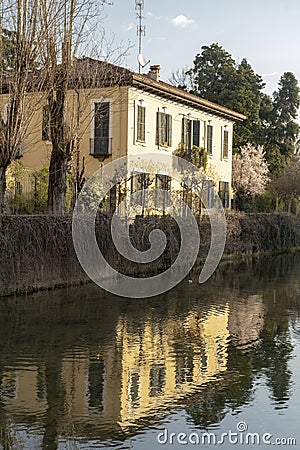 Old buildings along the canal Martesana, Milan Stock Photo