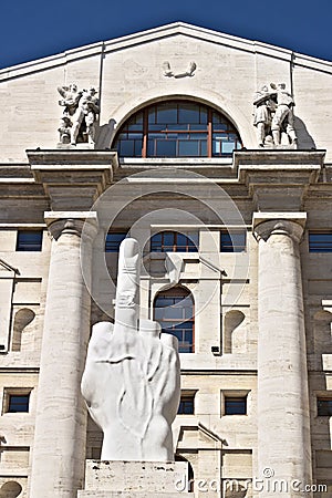 Sculpture of Cattelan`s finger in front of the Milan Stock Excha Editorial Stock Photo