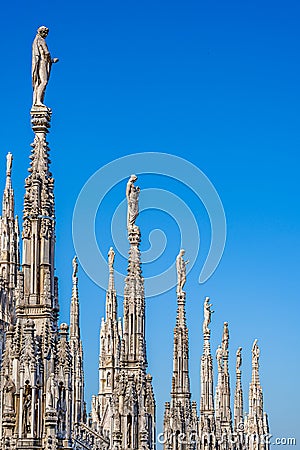 Statues on the spikes of the rooftop of the cathedral of Milan, Lombardy, Italy Stock Photo