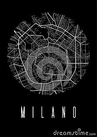 Milan map vector black poster. Round circular view, street map of Milan city illustration Vector Illustration