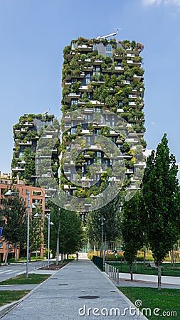 Milano, Italy. Bosco Verticale, view at the modern and ecological skyscraper with many trees on each balcony. Modern architecture Editorial Stock Photo