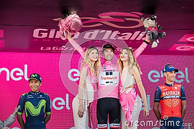 Milano, Italy May 28, 2017: The final podium of the Tour of Italy 2017 after 21 days of race. Editorial Stock Photo