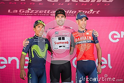 Milano, Italy May 28, 2017: The final podium of the Tour of Italy 2017 after 21 days of race. Editorial Stock Photo