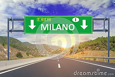Milano road sign on highway Stock Photo