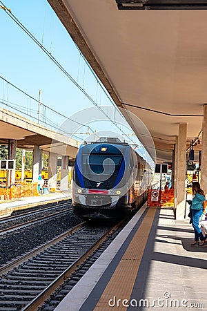 MILAZZO, SICILY, Italy - 03 October 2023. A Trenitalia train arriving at Milazzo station for onward journey to Palermo Central Editorial Stock Photo