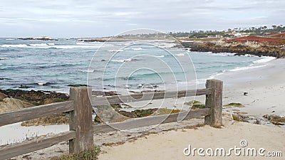 17-mile drive, Monterey, California. Rocky craggy ocean beach, waves and stairs. Stock Photo
