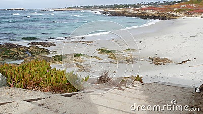 17-mile drive, Monterey, California. Rocky craggy ocean beach, waves and stairs. Stock Photo