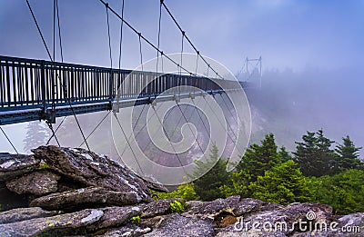 The Mile-High Swinging Bridge in fog, at Grandfather Mountain, N Stock Photo