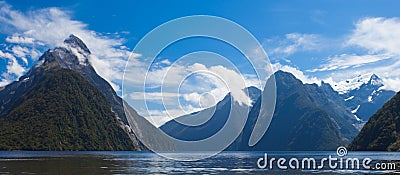 Milford Sound and Mitre Peak in Fjordland NP NZ Stock Photo