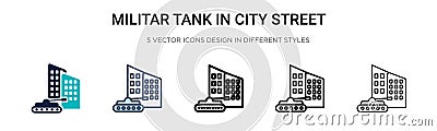 Militar tank in city street icon in filled, thin line, outline and stroke style. Vector illustration of two colored and black Vector Illustration