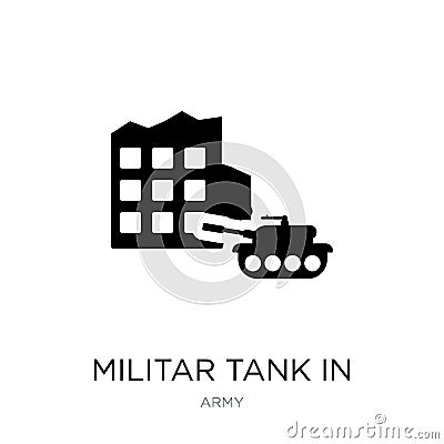 militar tank in city street icon in trendy design style. militar tank in city street icon isolated on white background. militar Vector Illustration