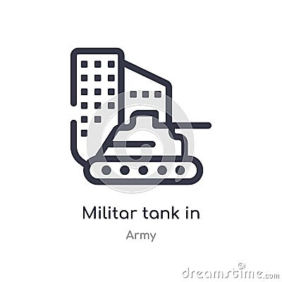 militar tank in city street outline icon. isolated line vector illustration from army collection. editable thin stroke militar Vector Illustration