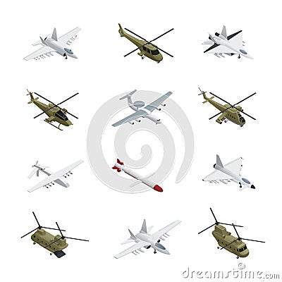 Military Air Force Isometric Icon Set Vector Illustration