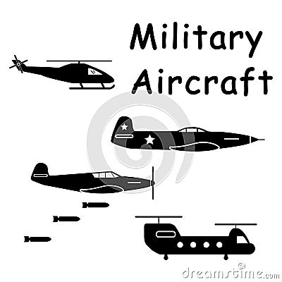 Military Aircraft Planes Helicopter. Pictogram depicting aircraft machines used in aerial warfare such as fighter jets and helicop Vector Illustration