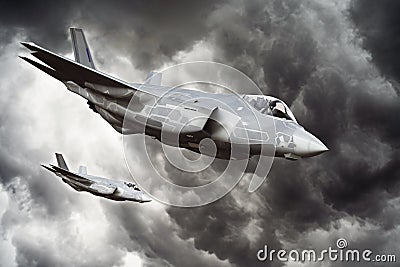 Military aircraft 5th generation advanced F-35 joint strike fighter aircraft`s after a successful bombing run. Stock Photo