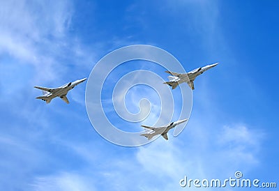 Military aircrafts TU-22M3. Supersonic bombers in flight Stock Photo