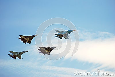 Military airplanes in flight at MAKS International Aerospace Salon MAKS-2017 Editorial Stock Photo