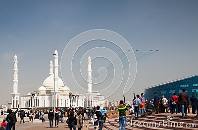 Military airplanes fly near Hazrat Sultan Mosque Editorial Stock Photo