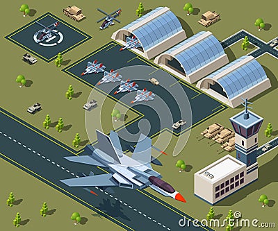 Military airport isometric. Low poly 3d of usa aircraft Vector Illustration