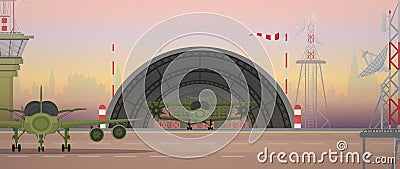 Military airport, runway and aviation control point. Cartoon style. Vector Illustration