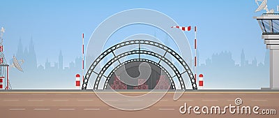 Military airport, runway and flight control point. Cartoon style. Vector Illustration