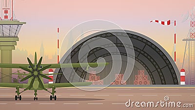 Military airport, take-off strip and aviation control point. Cartoon style. Vector Illustration