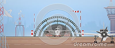 Military airport, take-off strip and flight control point. Cartoon style. Vector Illustration