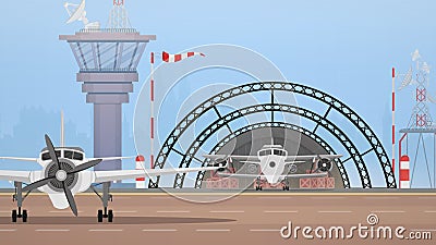 Military airport, take-off strip and flight control point. Vector. Vector Illustration