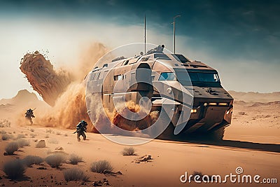 Military armored car rides in the desert. Neural network AI generated Stock Photo