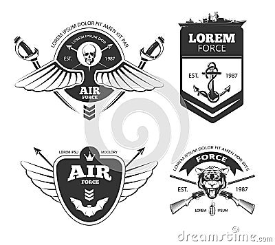 Military, armored vehicles, airforce, navy vintage vector labels, logos, emblems set Vector Illustration