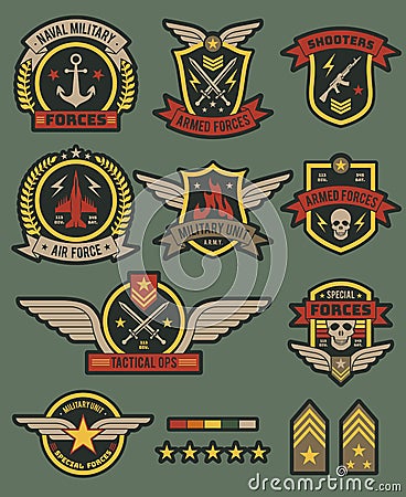 Military army badges. Patches, soldier chevrons with ribbon and star. Vintage airborne labels, t-shirt graphics Vector Illustration