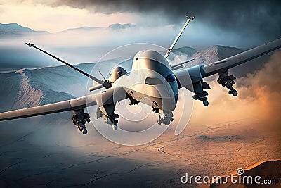 Military attack drone, unmanned aircraft flying in sky, generative AI Stock Photo