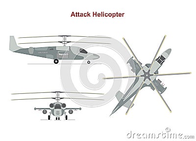 Military attack helicopter top, side, front view on white background. Vector Illustration