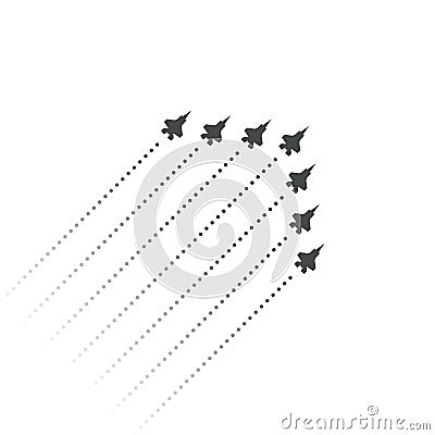 Military Aviation. Fighters fly up. wedge shape of flying jet planes. Silhouettes of reactive planes and trace of jet Vector Illustration