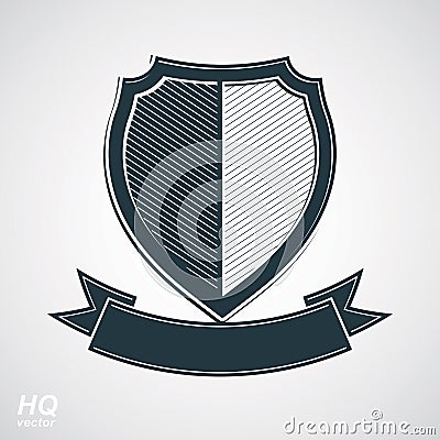 Military award icon. Vector grayscale defense shield with curvy Vector Illustration