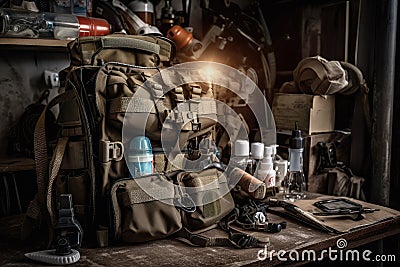 military backpack, surrounded by medical supplies and equipment Stock Photo