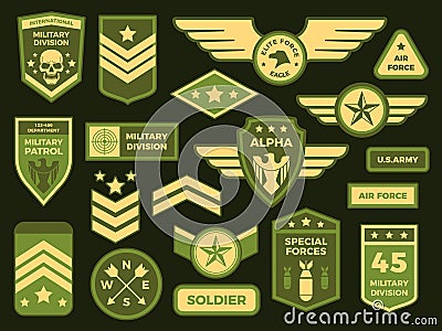 Military badges. American army badge patch or airborne squadron chevron. Badging vector isolated illustration collection Vector Illustration