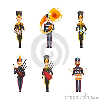 Military Band Member in Parade Uniform Playing Musical Instrument Vector Set Stock Photo