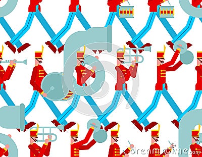 Military band pattern seamless. Soldiers with musical instruments. enlisted man and drum and trombone Vector Illustration