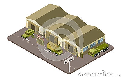 Military base with soldiers and military cars isometric vector concept Vector Illustration